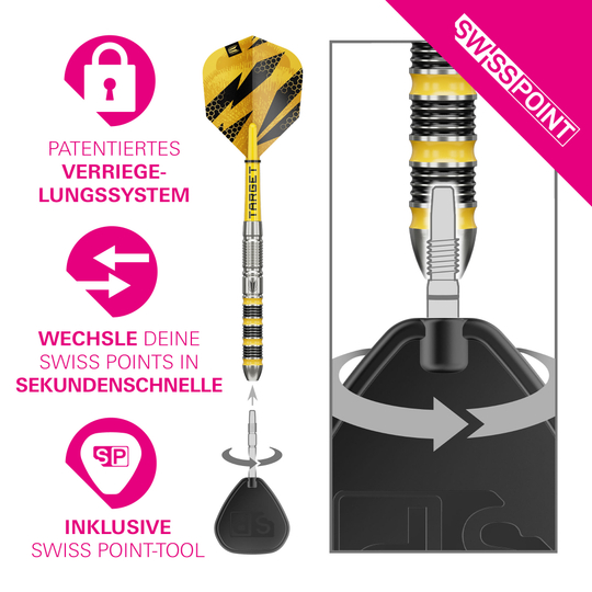 Fléchettes en acier Target Buzz 01 Swiss Points Zu sehen sind Target Buzz 01 Swiss Points Steeldarts. Diese Steeldarts sind ideal für den Dartsport geeignet.