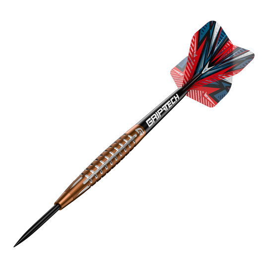 Fléchettes en acier tungstène GOAT Quarterback V1 Das Bild zeigt einen GOAT Quarterback V1 Tungsten Steeldart. Der Dartpfeil hat ein auffälliges Design mit einer rot-blauen Flight und einem goldenen Griff mit silbernen Rillen.