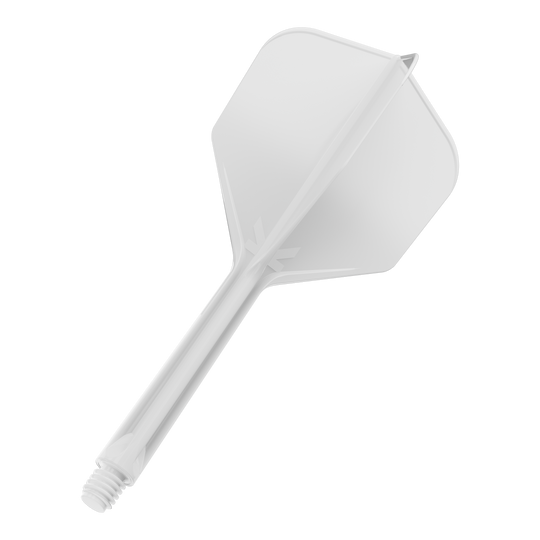 Système de vol Target K-Flex n° 6 - Blanc Das Bild zeigt einen weißen Dart-Flightschaft mit integriertem Flight. Er hat ein einfaches, transparentes Design und ein Schraubgewinde am Ende.