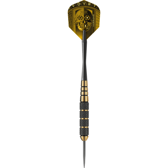 HA005116_Harrows_Voodoo_Brass_Steeldarts_1WaQjOJ4jBLiiA Der abgebildete Dart ist ein „Harrows Voodoo Brass Steeldart“. Er hat ein schwarzes und goldenes Design mit einem Totenkopf auf dem Flight.