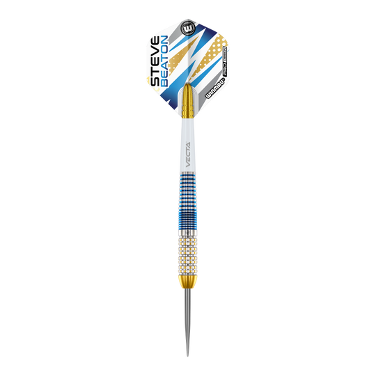 Fléchettes en acier Winmau Steve Beaton Legend Series Das Bild zeigt einen Winmau Steve Beaton Legend Series Steeldart. Der Dart ist blau, gold und weiß gestaltet und hat den Namen "Steve Beaton" auf dem Flight.