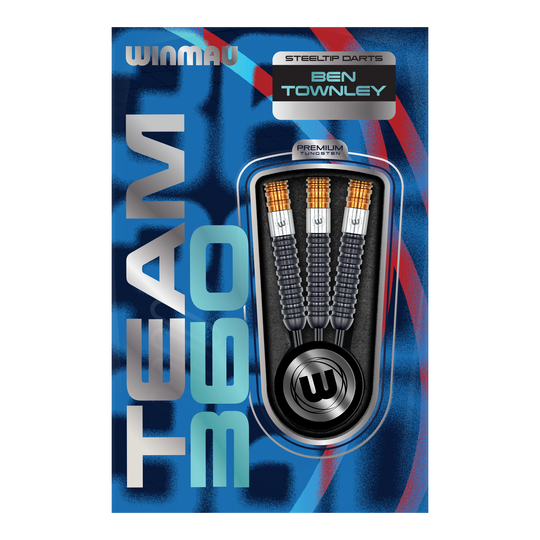 Das Bild zeigt die Winmau Team 360 Ben Townley Steeldarts - 23g Darts. Diese Darts sind speziell für professionelle Spieler entworfen.