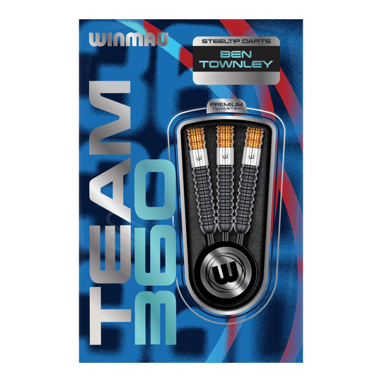 Fléchettes en acier Winmau Team 360 Ben Townley - 23 g Das Bild zeigt die Winmau Team 360 Ben Townley Steeldarts - 23g Darts. Diese Darts sind speziell für professionelle Spieler entworfen.
