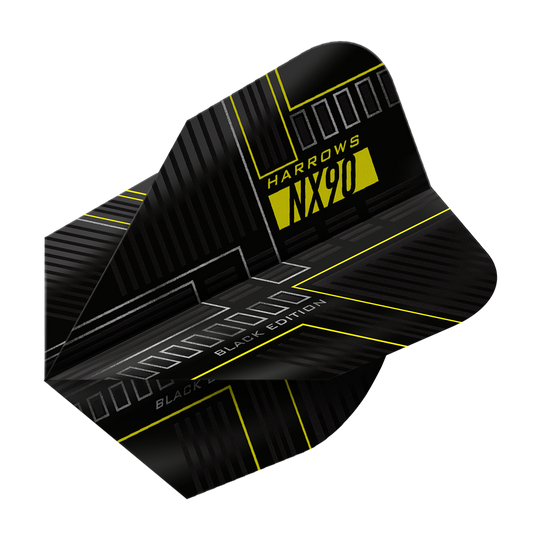 Vols Harrows NX90 Black Edition No6 Das Bild zeigt das Produkt "Harrows NX90 Black-Edition No6 Flights". Das Flight ist überwiegend schwarz mit gelben und grauen Akzenten und moderner Grafik.