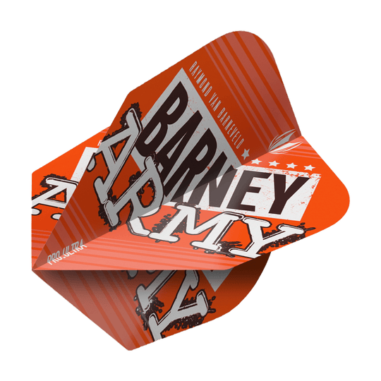 Das Bild zeigt ein orangefarbenes Dart-Flight mit der Aufschrift "Barney Army". Das Design ist auffällig und enthält weiße und schwarze Schriftzüge sowie grafische Elemente.