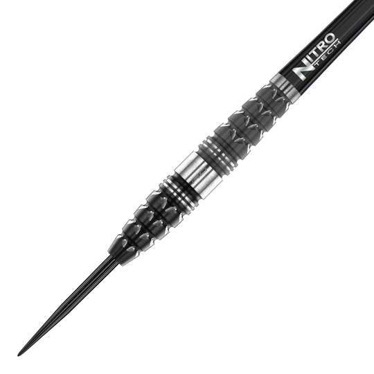 Fléchettes en acier Red Dragon Paradym Torpedo Das Bild zeigt einen Red Dragon Paradym Torpedo Steeldart. Der Dart hat ein schwarzes und silbernes, strukturiertes Barrel und eine Spitze aus Metall.