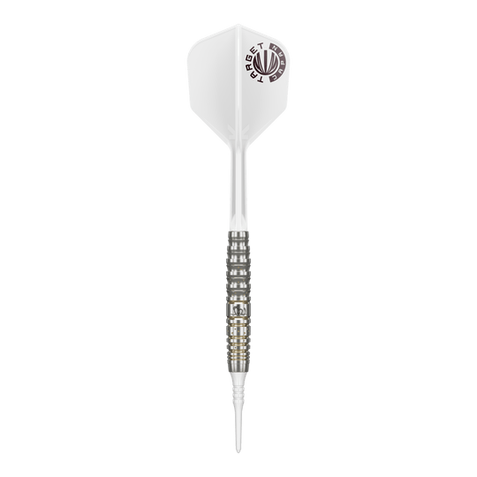 Fléchettes souples Target Japan Prime Series Mayujo Morita GEN6 - 18 g Das Bild zeigt einen Softdart der Serie "Target Japan Prime Series Mayujo Morita GEN6" mit einem Gewicht von 18g. Der Dart hat eine weiße Flight mit Logo und einen silberfarbenen, fein gerillten Barrel.