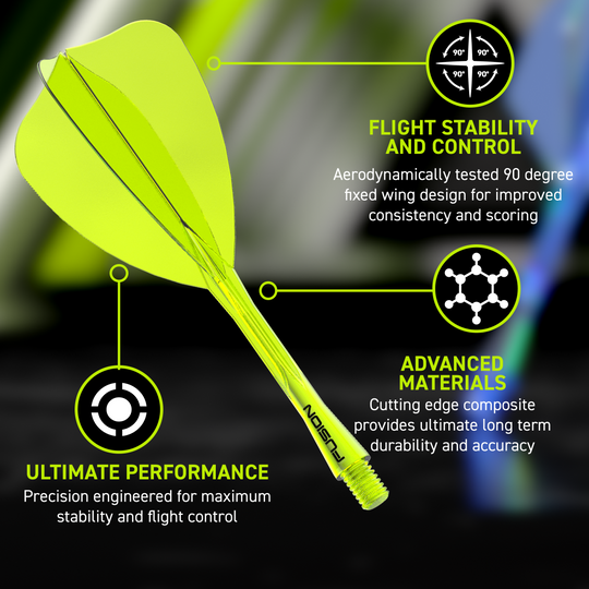 Système de vol Winmau Fusion Arrow Jaune fluo Das Bild zeigt das Winmau Fusion Flight-Shaft-System Arrow Neon Yellow. Es handelt sich um einen neon-gelben Flight-Shaft für Darts.