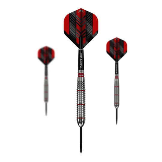 Fléchettes Mission Rogue en acier laitonné - 22 g Das Bild zeigt drei Mission Rogue Brass Steeldarts mit einem Gewicht von 22g. Die Darts haben rote und schwarze Flights sowie silberne, gerillte Barrels.