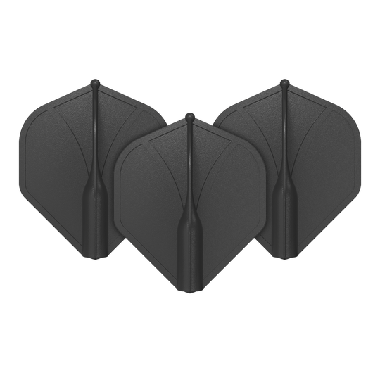 Profil aérodynamique moulé n°2 Vols standard Auf dem Bild sind drei schwarze Dart-Flights zu sehen. Sie stehen aufrecht nebeneinander und haben eine standardmäßige, geformte Flügelform.