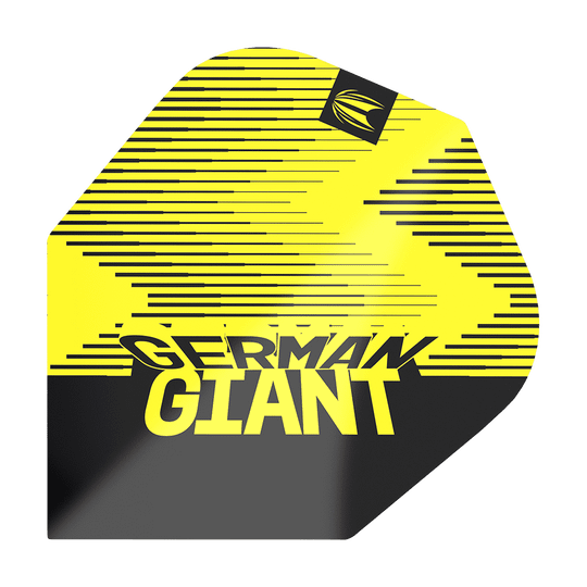 TG35_336200_Target_ProUltra_Gabriel_Clemens_Brass_No6_Yellow_Flights_1ex57IXJTuDvmF Das Bild zeigt ein gelbes Dartflight mit schwarzen Streifen und dem Text "GERMAN GIANT". In der oberen Ecke ist ein kleines Logo abgebildet.
