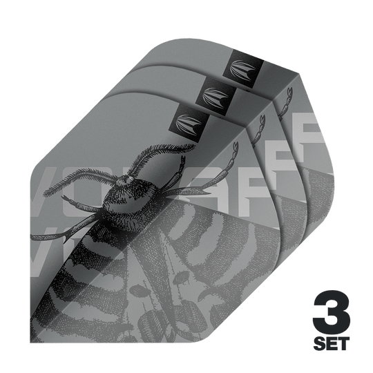 Ailettes Target Pro Ultra Volar n°2 Standard - 3 jeux Das Bild zeigt drei Sätze der Target Pro Ultra Volar No2 Standard Flights. Das Design ist grau mit einem detaillierten Insektenmotiv und der Aufschrift "3 SET".