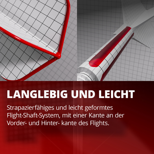 Système de tige de vol standard Target K-Flex Josh Rock n° 2 Das Bild zeigt ein langlebiges und leichtes Flight-Shaft-System mit rotem Rand und Gittermuster. Es betont die strapazierfähige und leichte Bauweise mit speziellen Kanten am vorderen und hinteren Bereich des Flights.