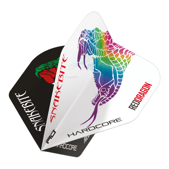 Dragon Rouge Peter Wright Morsure de Serpent Noir Blanc Yin Yang Vols Standards Das Bild zeigt die Red Dragon Peter Wright Snakebite Black White Yin Yang Standard Flights für Darts. Auf den Flights sind bunte Schlangenmotive und die Schriftzüge "Snakebite" und "Red Dragon" zu sehen.