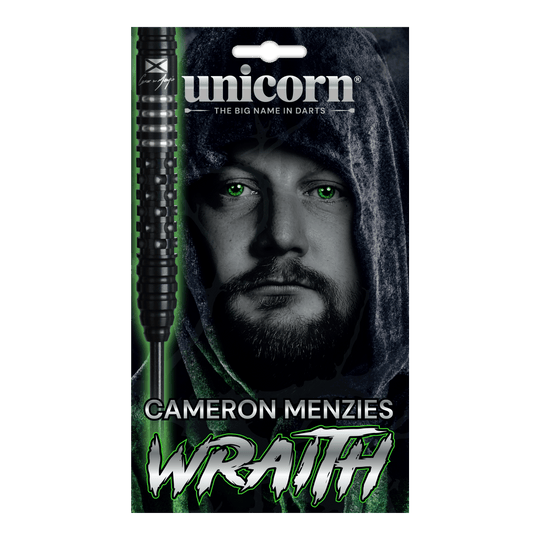 Fléchettes en acier Unicorn Wraith Cameron Menzies - 23 g Das Bild zeigt die Unicorn Wraith Cameron Menzies Steeldarts mit 23 Gramm Gewicht. Sie eignen sich für den Einsatz im Steeldartbereich.