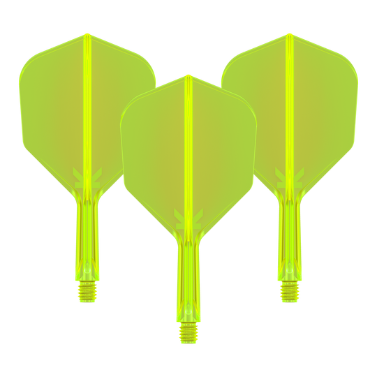 Système de vol Target K-Flex No6 - Jaune fluo Das Bild zeigt drei neongelbe Dartflights mit integrierten Schäften. Sie sind nebeneinander angeordnet und auf schwarzem Hintergrund zu sehen.