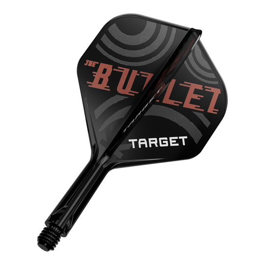 Système de flèche standard Target K-Flex Stephen Bunting n° 2 Das Bild zeigt einen schwarzen Dartpfeil mit der Aufschrift „THE BULLET“ und „TARGET“ auf den Flügeln. Die Flügel haben ein modernes, kreisförmiges Design in Grau und Rot.