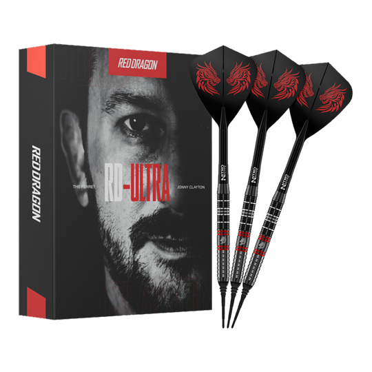Fléchettes souples Red Dragon Jonny Clayton RD-ULTRA - 18 g Zu sehen sind die Red Dragon Jonny Clayton RD-ULTRA Softdarts - 18g in voller Ansicht. Die Darts haben eine silberne Barrel, schwarze Details und leuchtende Flights.