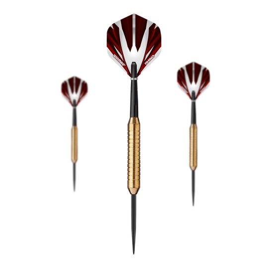 Fléchettes en acier Winmau Broadside en laiton - 22 g Das Bild zeigt drei Winmau Broadside Brass Steeldarts mit einem Gewicht von 22 Gramm. Die Darts haben goldfarbene Griffe und schwarz-rote Flights.