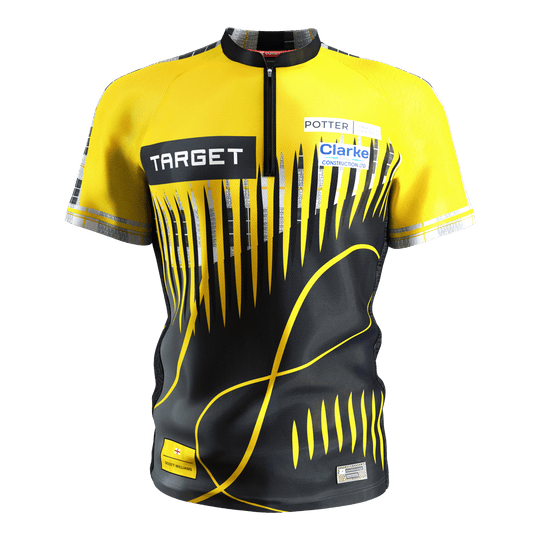 Maillot de fléchettes Target Coolplay Scott Williams 2025 Das Bild zeigt ein Dartshirt in den Farben Gelb und Schwarz mit auffälligem modernem Muster. Auf dem Shirt sind mehrere Sponsorenlogos, darunter "TARGET", zu sehen.