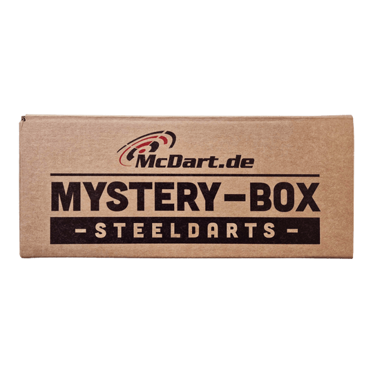 Boîte mystère de fléchettes souples Phil Taylor Auf dem Bild ist eine braune Box mit der Aufschrift "McDart.de Mystery-Box Steeldarts" zu sehen. Es handelt sich um eine Überraschungsbox für Steeldart-Fans.