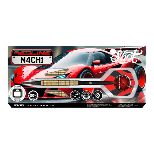 Fléchettes souples Shot Redline Mach 1 - 20 g Das Bild zeigt die Verpackung der "Shot Redline Mach 1 Softdarts - 20g". Auf der Packung ist ein roter Sportwagen zusammen mit einem abgebildeten Softdart-Pfeil zu sehen.