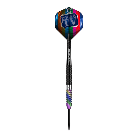 Mission Matt Edgar Steeldarts Das Bild zeigt einen Steeldart mit dem Namen "Mission Matt Edgar Steeldarts". Der Dart hat einen bunten Flight mit der Aufschrift "EDGAR TV" und ein schwarz-geriffeltes Barrel.