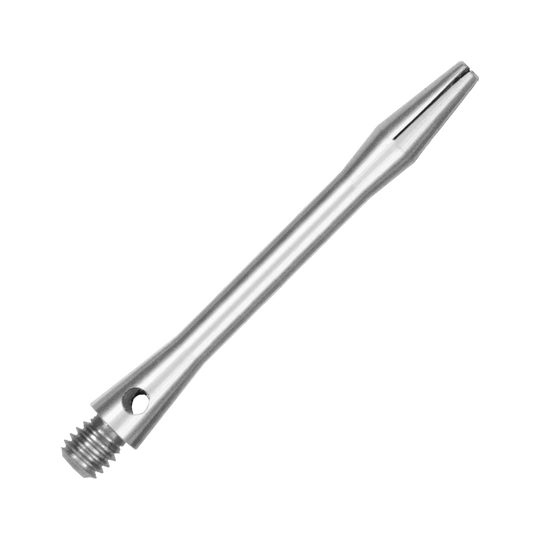 519_Aluminium_Shafts_Silber_46mm_2 Das Bild zeigt einen Aluminium-Schaft in silberner Farbe. Der Schaft hat ein Gewinde an einem Ende und ist schlank und glatt verarbeitet.