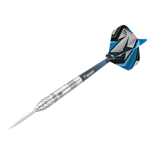 Fléchettes en acier Bulls Stone S1 Das Bild zeigt einen Bulls Stone S1 Steeldart. Der Dartpfeil hat eine silberne Spitze und einen Schaft mit blauen und schwarzen Akzenten am Flight.