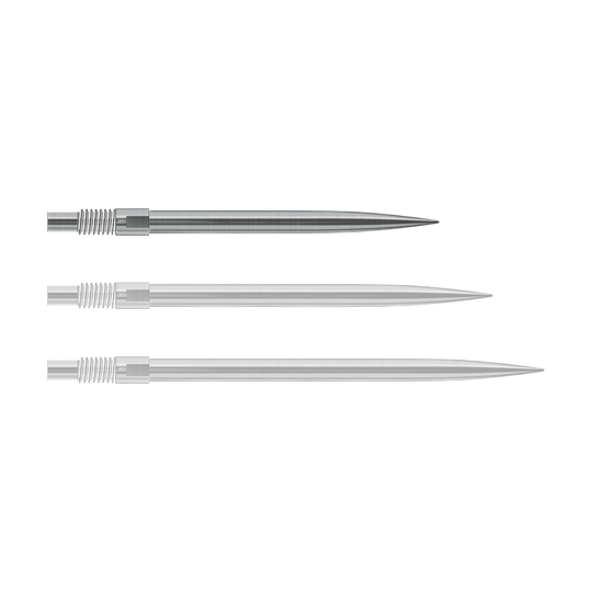 Embouts de fléchettes Harrows Quick Point - Argent Abgebildet sind Harrows QuickPoint Dartspitzen in Silber, 30mm lang. Das Foto stellt das Produkt aus einer anderen Perspektive dar.