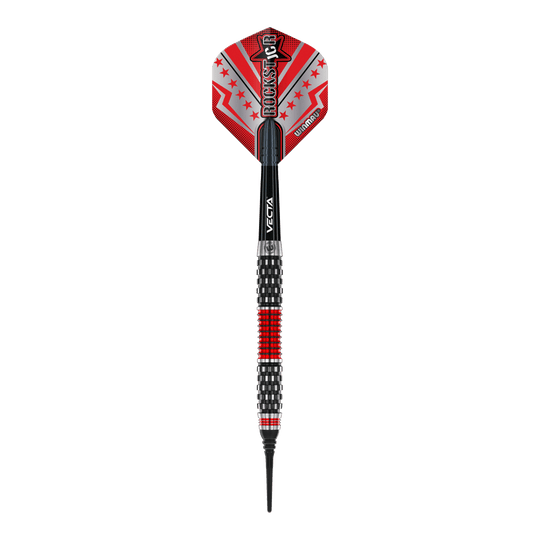 Fléchettes souples Winmau Joe Cullen Rockstar Series RS1 - 20 g Dieses Bild zeigt einen Winmau Joe Cullen Rockstar Series RS1 Softdart mit einem Gewicht von 20g. Der Dart ist schwarz und rot gestaltet und hat einen auffälligen Flights mit dem Aufdruck "Rockstar".