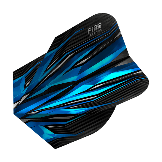 HR4_Harrows_Fire_Blue_Standard_Flights_2 Das Bild zeigt das Produkt „Harrows Fire Blue Standard Flights“. Die Dartflights haben ein auffälliges, blau-schwarzes Design mit dynamischen Linien.