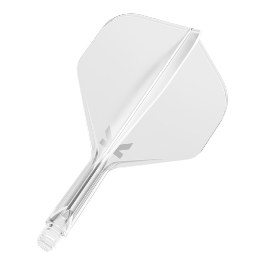 Système de vol standard Target K-Flex No2 - Transparent Das Bild zeigt einen durchsichtigen Dartflug mit integriertem Schaft. Das Design ist schlicht und klar, mit einem kleinen grauen Logo am Schaftansatz.