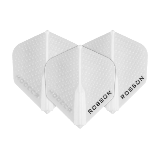 Robson Plus Dimple Flights - Weiß Das Bild zeigt drei weiße Robson Plus Dimple Flights für Dartpfeile. Die Flights haben eine strukturierte Oberfläche und tragen den Schriftzug "ROBSON".