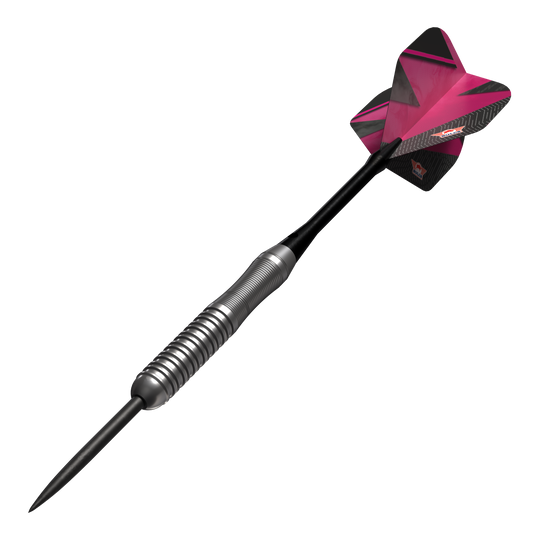 Fléchettes en acier Bulls NL Lightning Pink Das Bild zeigt einen Steeldartpfeil mit silbernem Griff und einer pink-schwarzen Flights. Es handelt sich um das Produkt "Bulls NL Lightning Pink Steeldarts".