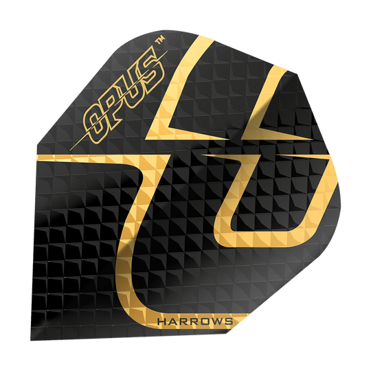 Vols de Harrow's Opus Version 2 Das Bild zeigt das Produkt "Harrows Opus Version 2 Flights". Die Darts-Flight ist schwarz mit einem goldenen Muster und dem Schriftzug "OPUS" und "HARROWS".