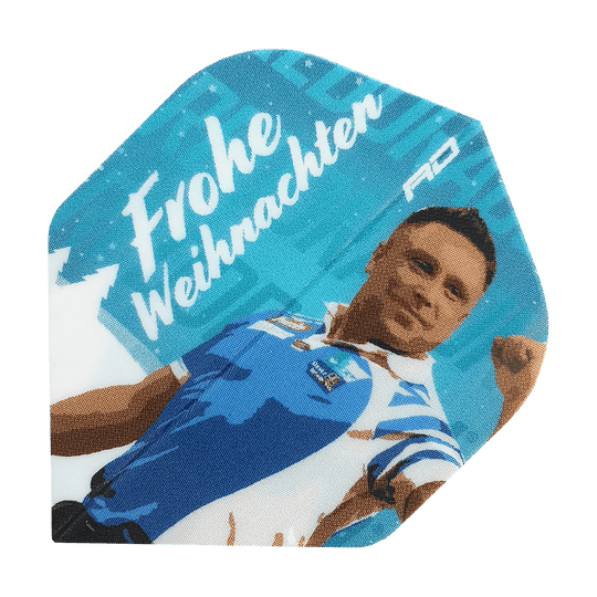 Das Bild zeigt ein Dart Flight mit dem Motiv von Gerwyn Price in blauer Kleidung. Oben steht der Schriftzug "Frohe Weihnachten" auf dem Flight.