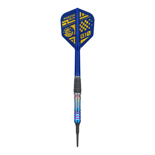 Fléchettes souples Target Japan Rising Sun GEN10 - 21,5 g Dieses Bild zeigt den Target Japan Rising Sun GEN10 Softdarts mit 21,5g. Der Dart besticht durch seine auffällige Gestaltung und hervorragende Verarbeitung.