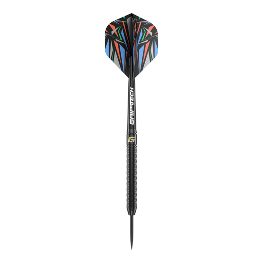 Fléchettes en acier GOAT Athlete en laiton noir - 13 g Das Bild zeigt einen GOAT Athlete Black Brass Steeldart mit einem Gewicht von 13g. Der Dart hat eine schwarze, gerändelte Spitze und bunte Flights mit geometrischem Muster.