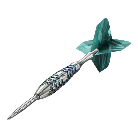 Das Bild zeigt einen Target Rove 02 Swiss Point Steeldart. Der Dartpfeil hat ein silbernes, strukturiertes Barrel und grüne Flights.