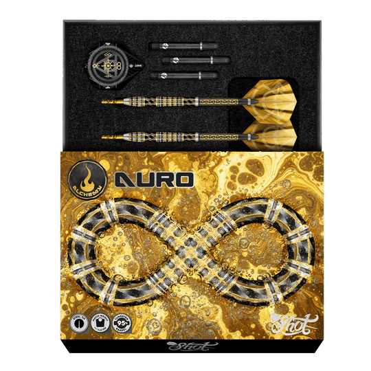 Shot Alchimie Auro Steeldarts Hier sieht man die Shot Alchemy Auro Steeldarts. Die Steeldarts werden detailliert und aus einer besonderen Perspektive dargestellt.