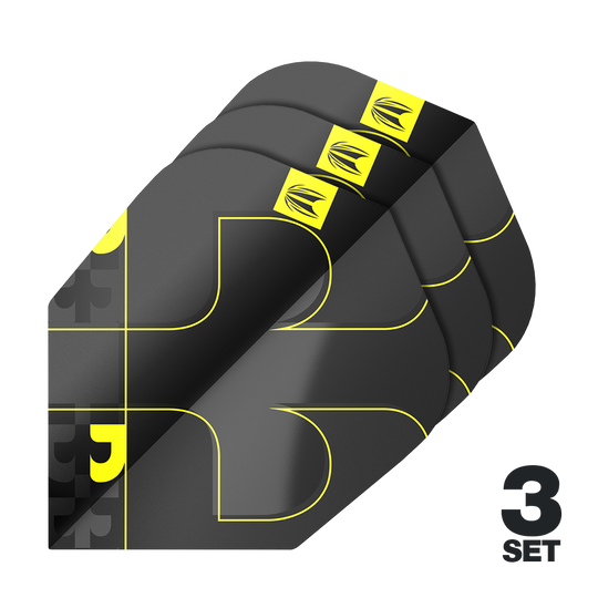 Vols Target ProUltra Bolide Void No6 Das Bild zeigt das Produkt "Target ProUltra Bolide Void No6 Flights" in einer schwarzen und gelben Farbkombination. Es sind drei Sets der Flights abgebildet.