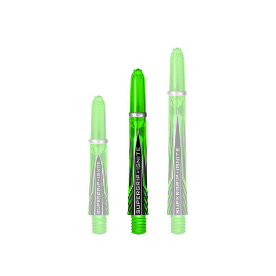 Das Bild zeigt drei grüne Harrows Supergrip Ignite Shafts in unterschiedlichen Längen. Die Shafts sind glänzend und haben ein modernes Design mit schwarzem Schriftzug.