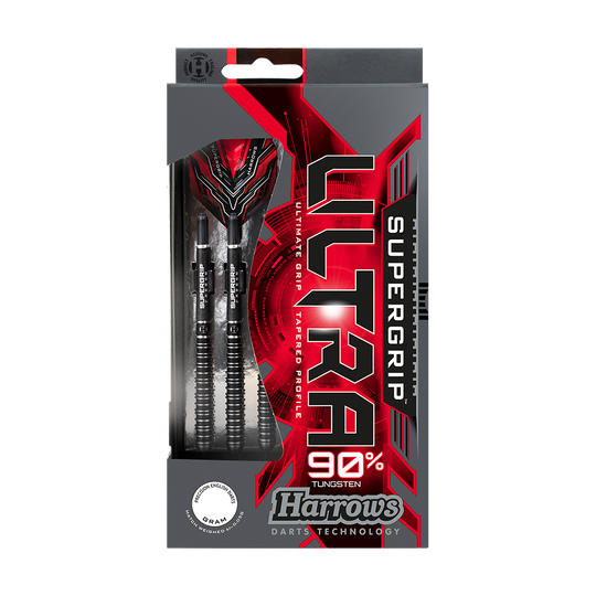 HA25138_Harrows_Supergrip_Ultra_Softdarts_3_-4_Harrows_Plastikbox Die Abbildung zeigt eine Packung Harrows Supergrip Ultra Softdarts. Die Verpackung ist überwiegend in Schwarz und Rot gestaltet und hebt 90% Tungsten hervor.