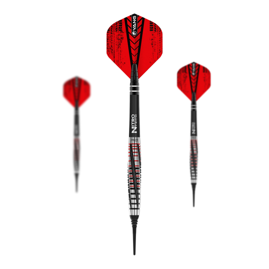Fléchettes souples Red Dragon Rifle - 20 g Das Bild zeigt drei Softdarts des Modells „Red Dragon Rifle Softdarts - 20g“. Die Darts haben schwarze und rote Flights mit silber-schwarzem Schaft und Spitze.