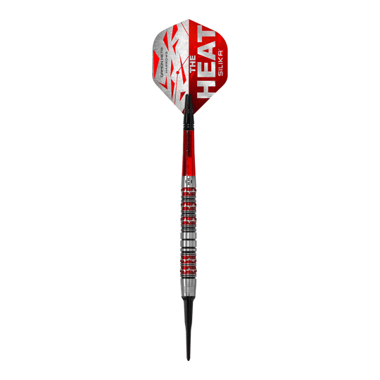 Fléchettes souples Damon Heta Series 3 de Harrow Das Bild zeigt einen Harrows Damon Heta Series 3 Softdart. Der Dart ist silber, rot und schwarz gestaltet und trägt den Aufdruck "The Heat" auf dem Flight.