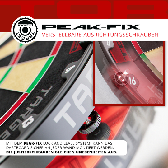 Target de fléchettes en acier Target TOR Das Bild zeigt das Target TOR Steeldartboard mit verstellbaren Ausrichtungsschrauben. Ein Detailbild hebt die Justierschrauben hervor, die Unebenheiten an der Wand ausgleichen.