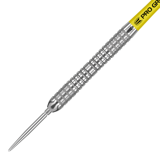Das Bild zeigt einen Target Bolide 04 Swiss Point Steeldart. Der Dart ist silberfarben mit einem gelben Schaft und einem geriffelten Griffbereich.