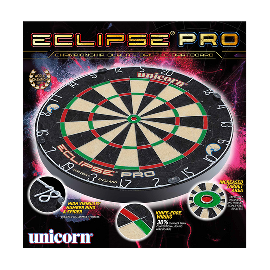 Cible de fléchettes Unicorn Eclipse Pro Das Bild zeigt das Produkt "Unicorn Eclipse Pro Dartboard". Es handelt sich um eine professionelle Dartscheibe mit erhöhter Zielgenauigkeit und spezieller Draht-Technologie.