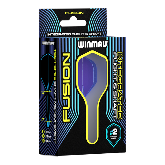 Système d'arbre de vol Winmau Fusion Standard Bleu Auf dem Bild ist eine Verpackung des Winmau Fusion Integrated Flight & Shaft Systems zu sehen. Die abgebildete Variante ist blau und hat eine Länge von 22 mm (#2 Standardform).